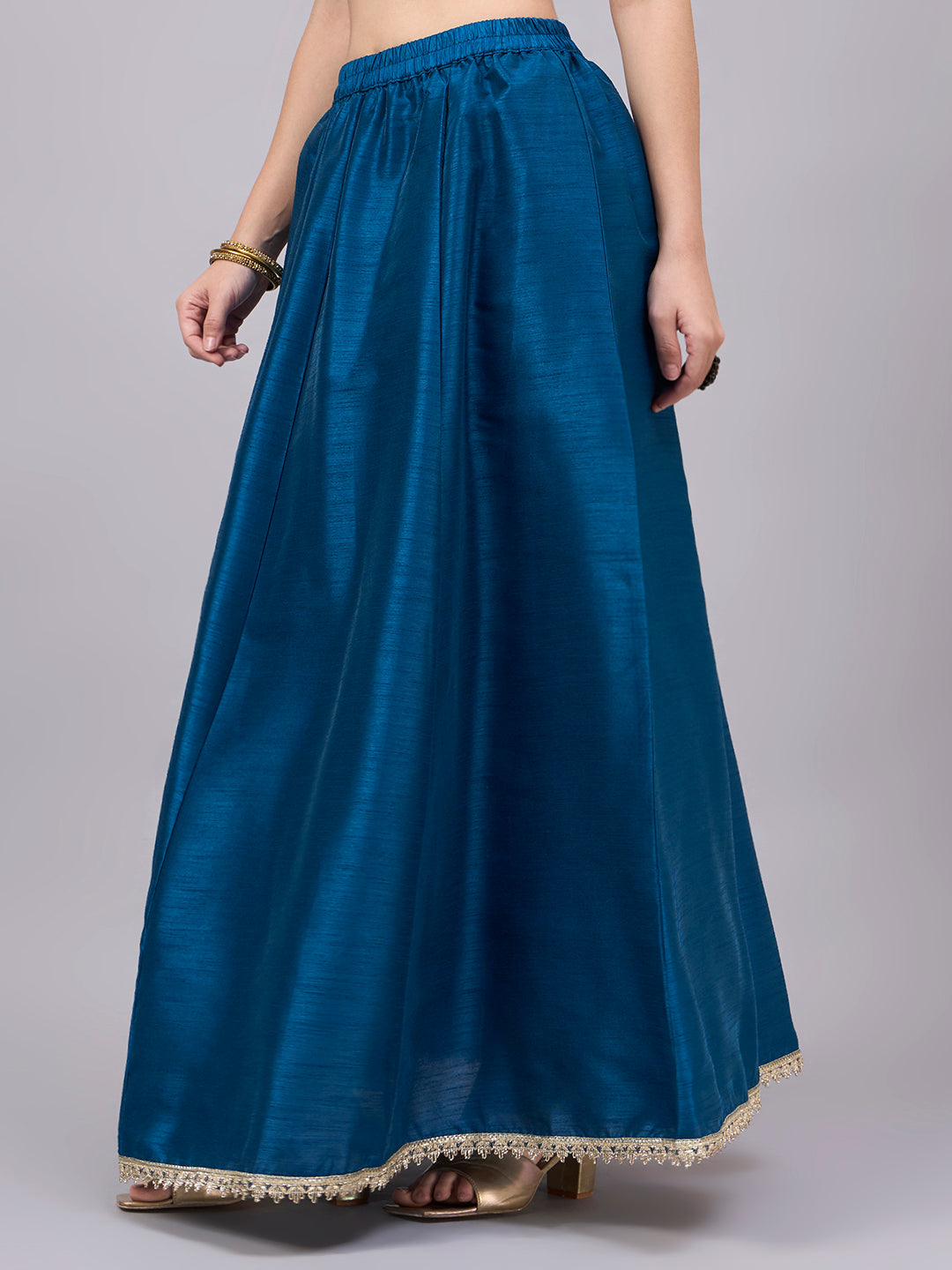 Petrol-Blue Embroidered Border Flowy Skirt