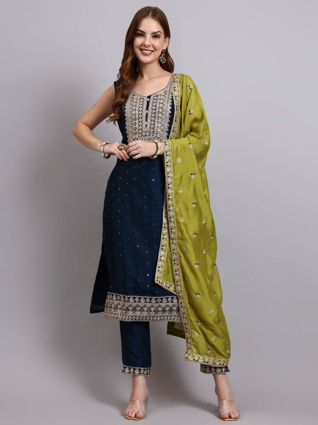 Navy Blue Embroidered Kurta Set with Lime Green Dupatta