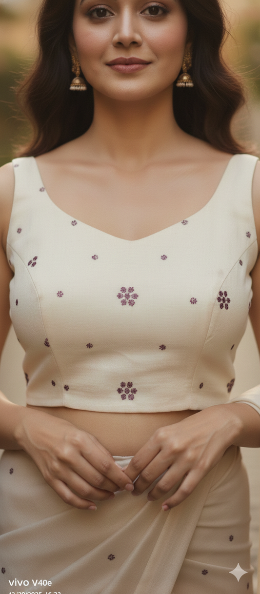 Cream Floral Embroidered Sleeveless Blouse