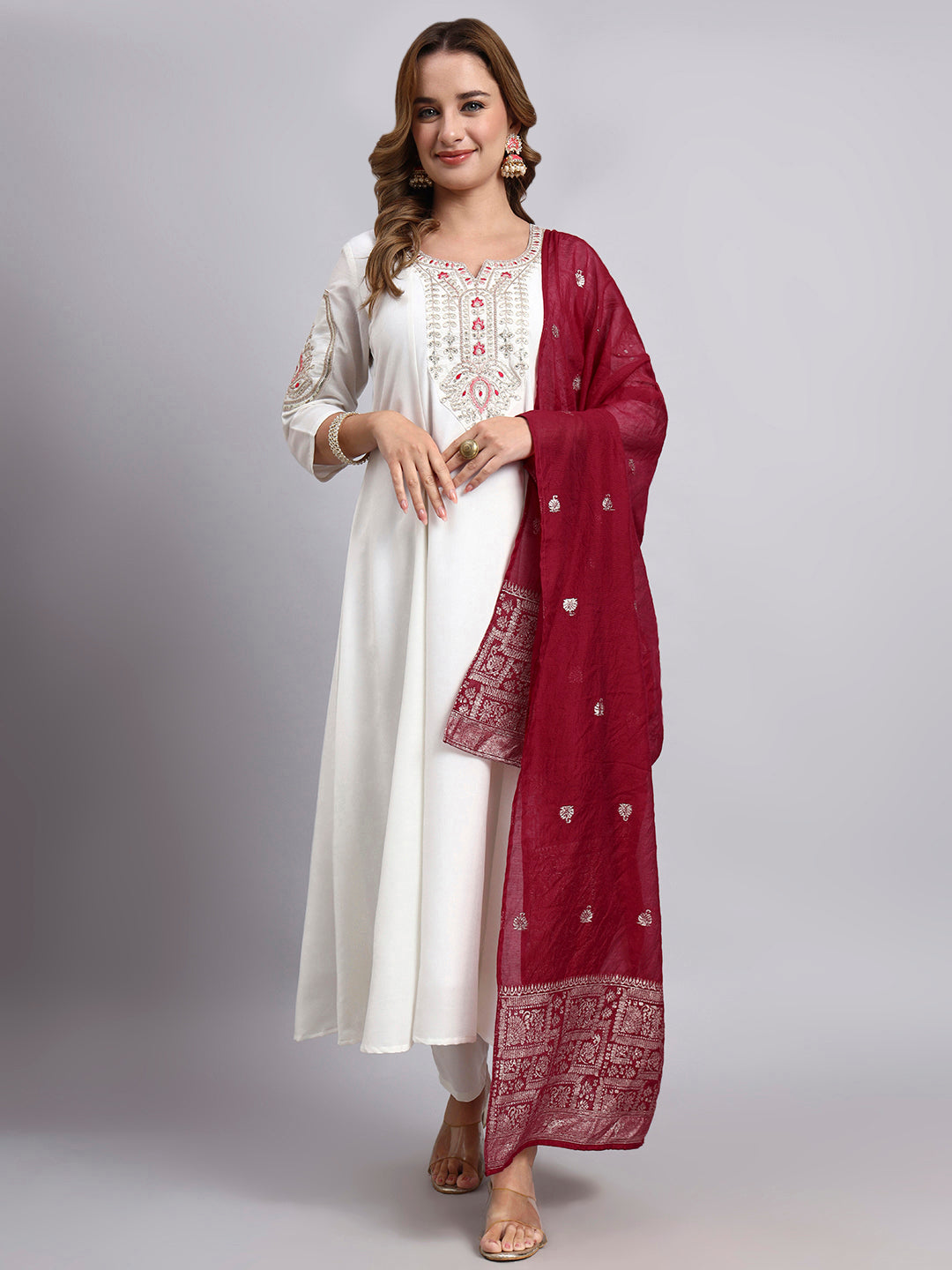 White Anarkali Kurta Pant Dupatta Set