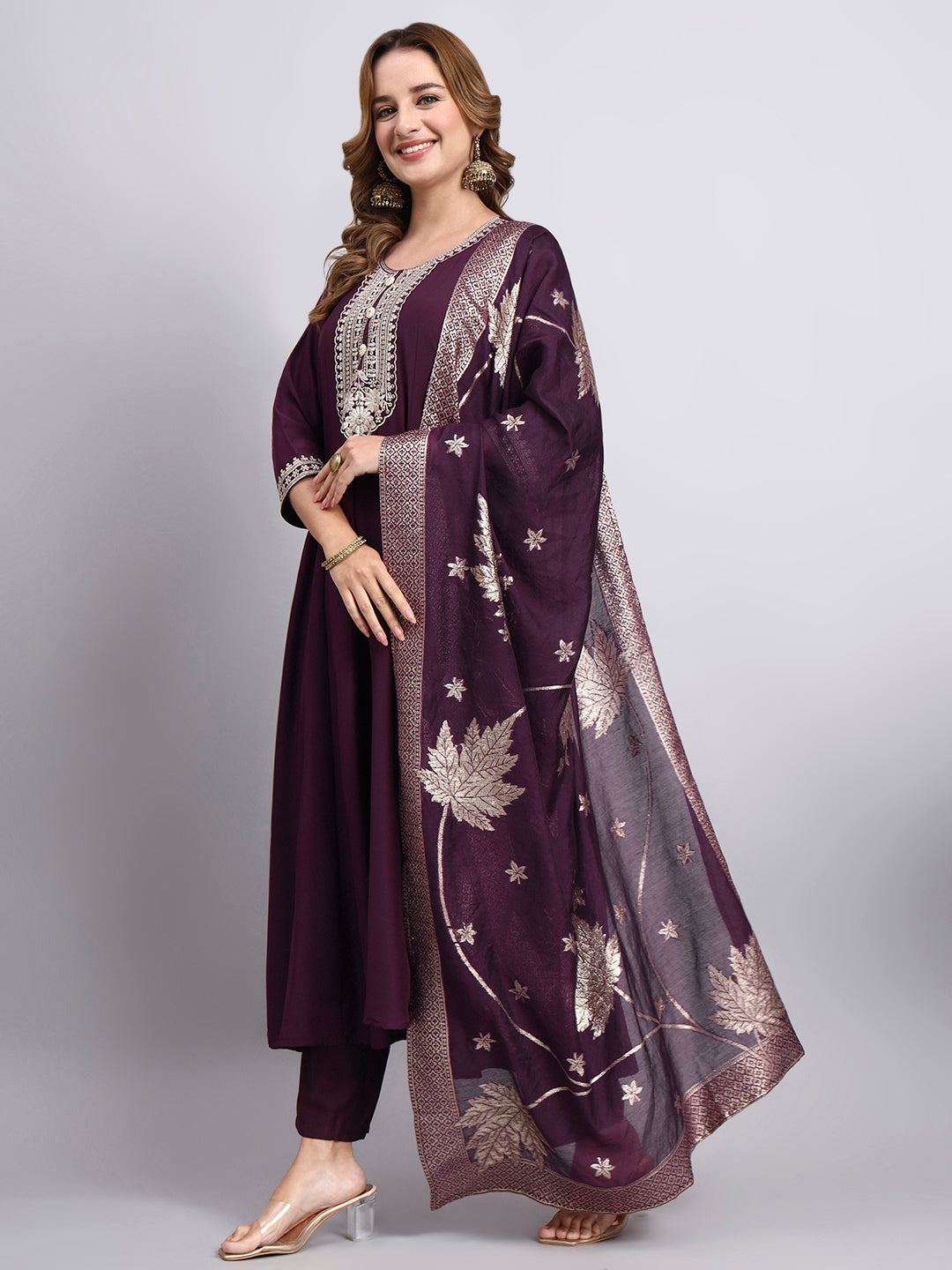 Wine Purple Embroidered Anarkali Kurta Pant Set with Dupatta