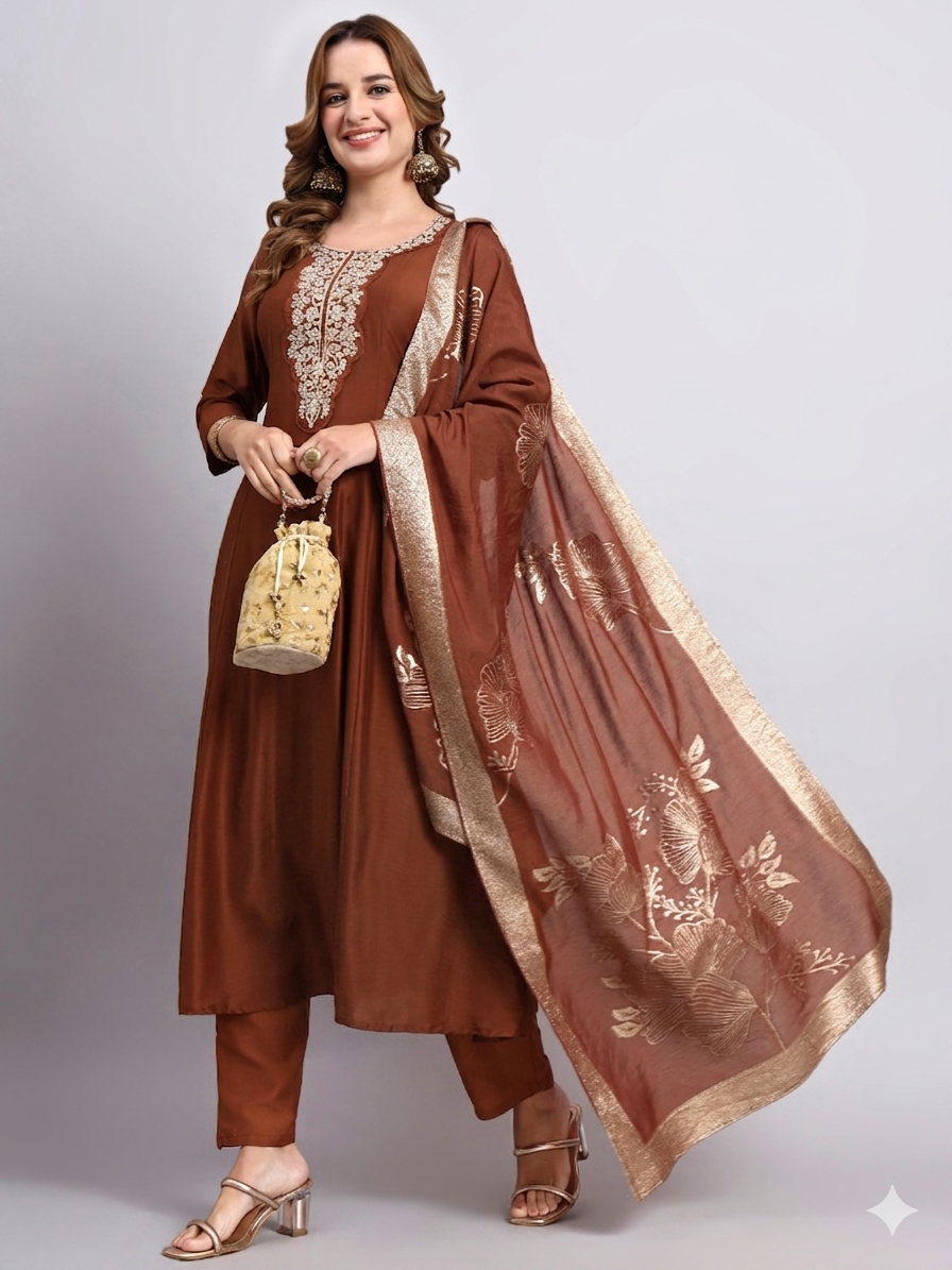 Brown Embroidered Kurta Set with Dupatta