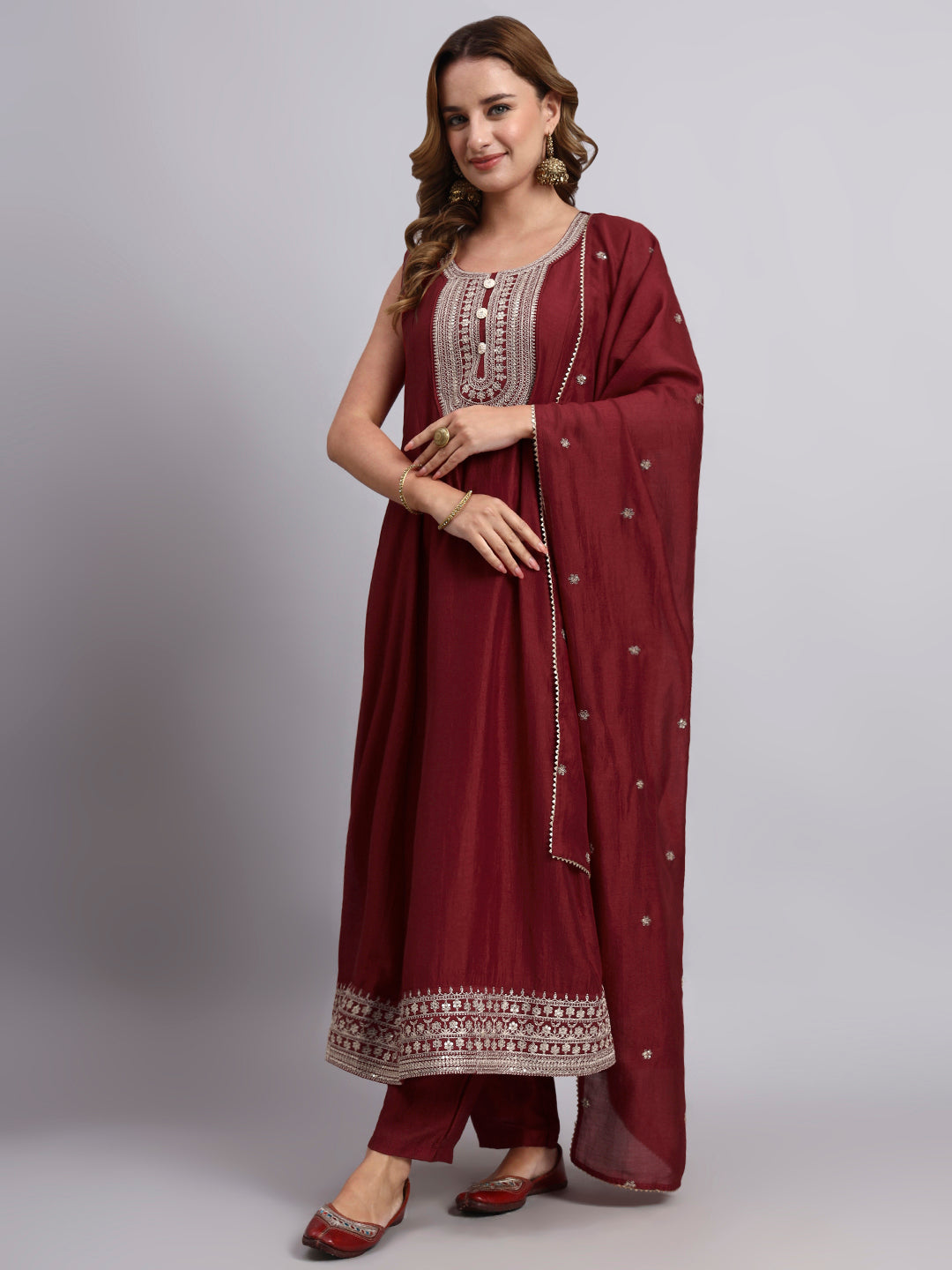 Maroon Embroidered Silk Kurta Set with Dupatta
