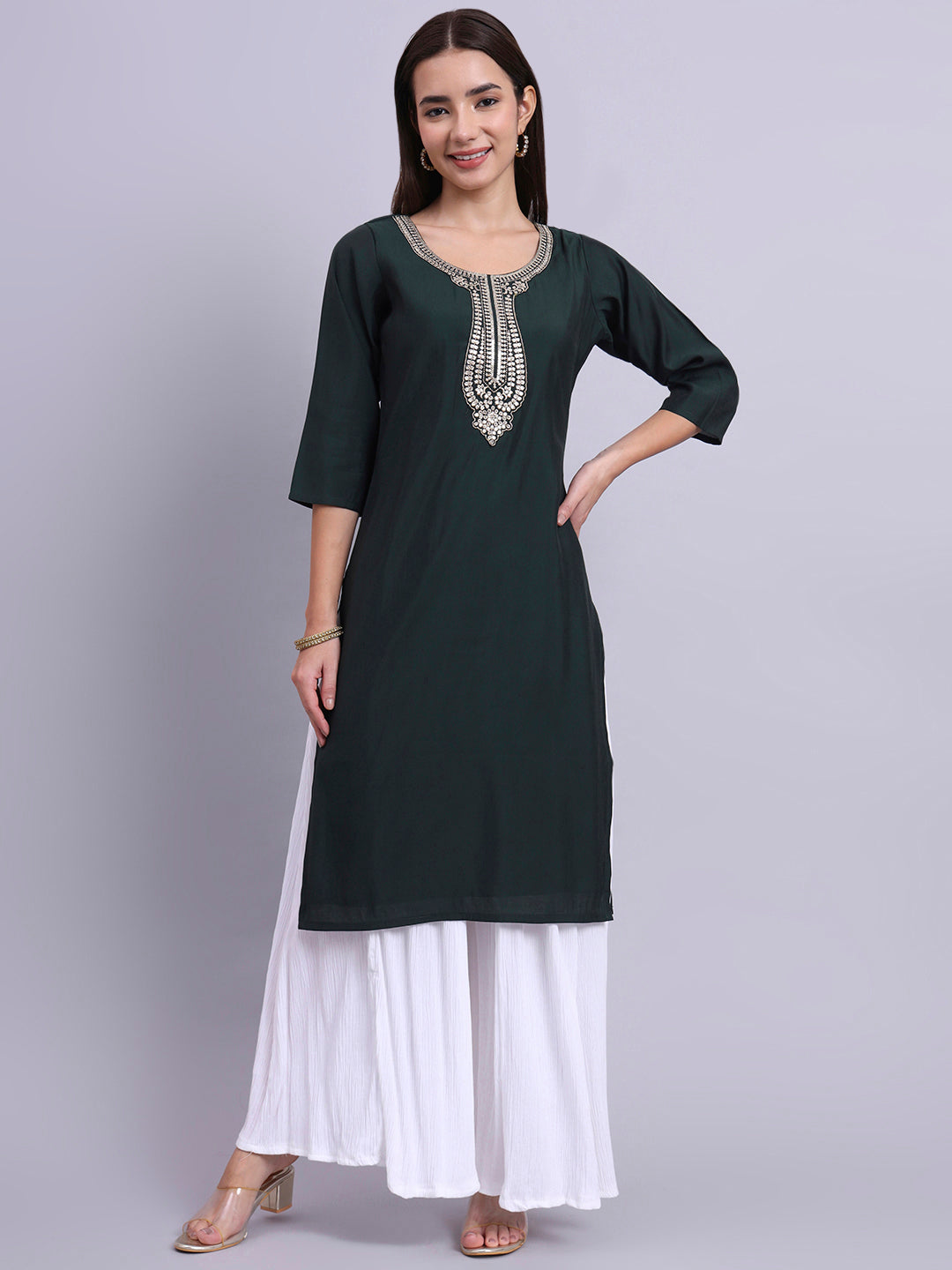 Bottle Green Embroidered Straight Kurta for Women