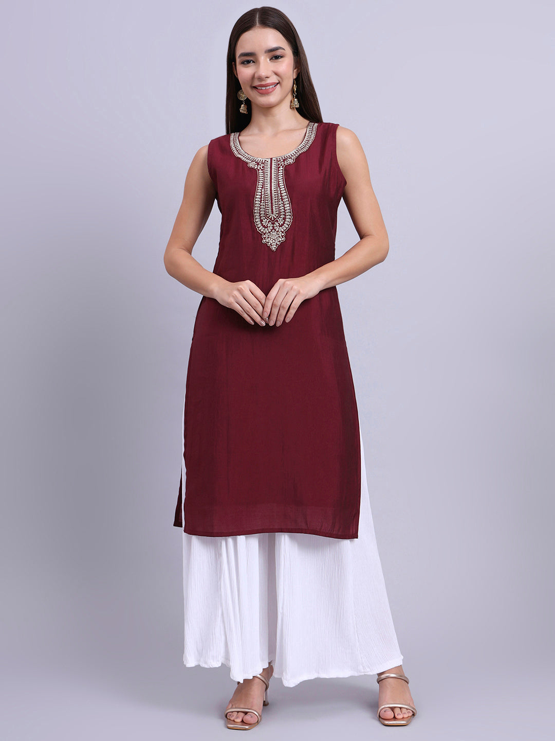 Sleeveless Maroon Straight Kurta
