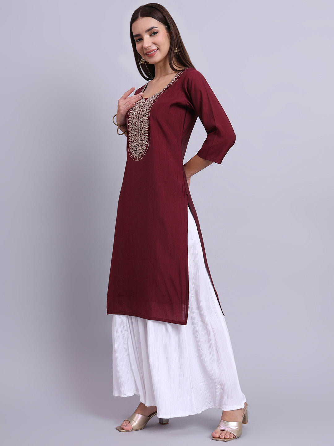 Maroon Round-Neck Embroidered Straight Kurta