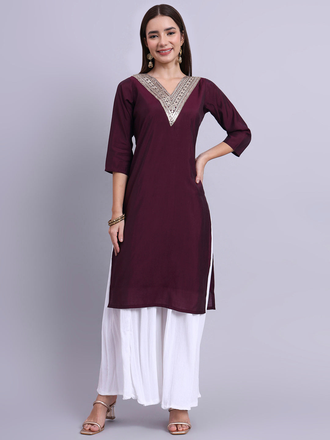 Wine Embroidered Kurta for Women V-Neck Kurta