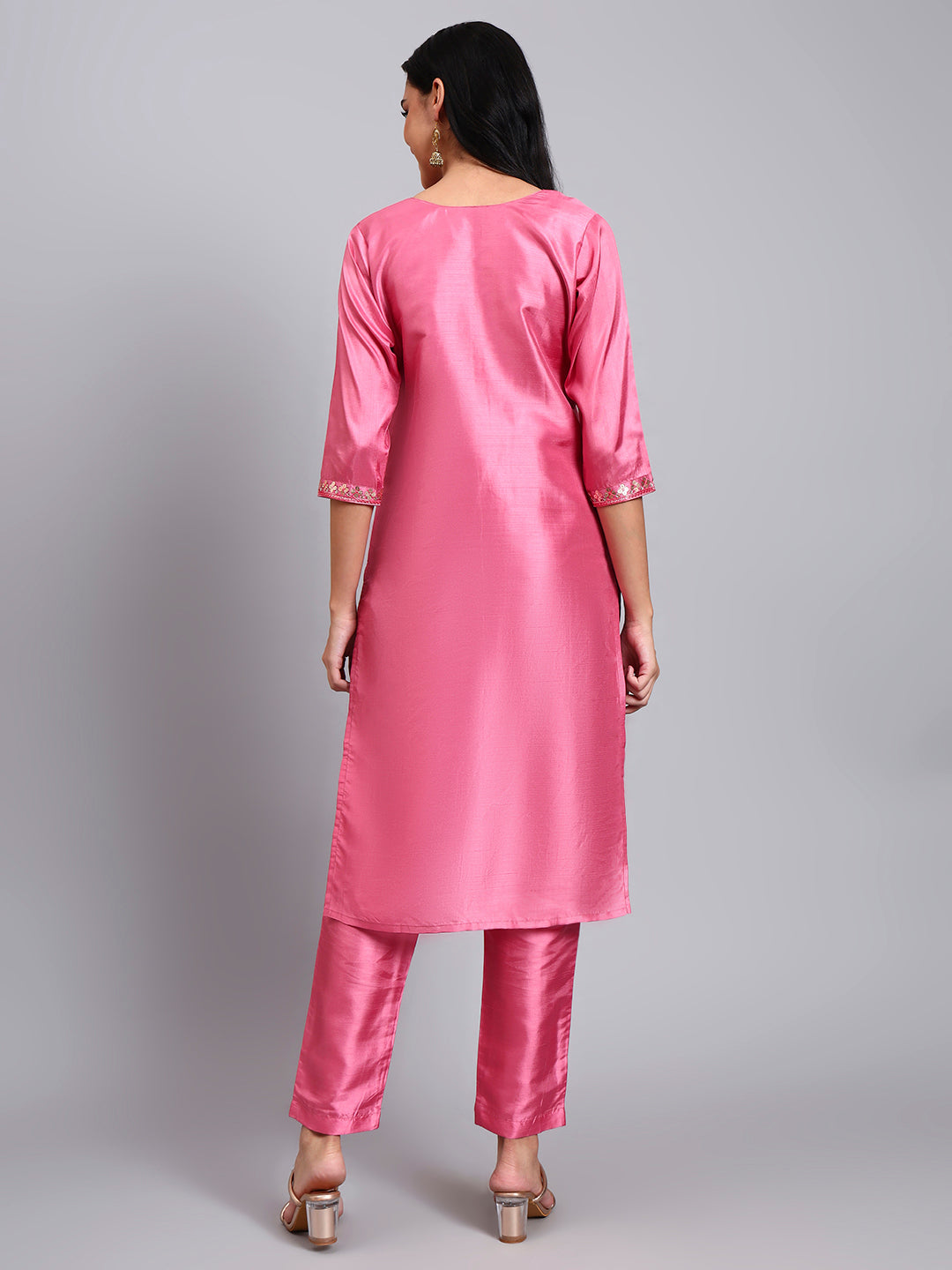 Pink Silk Embroidered Straight Kurta set