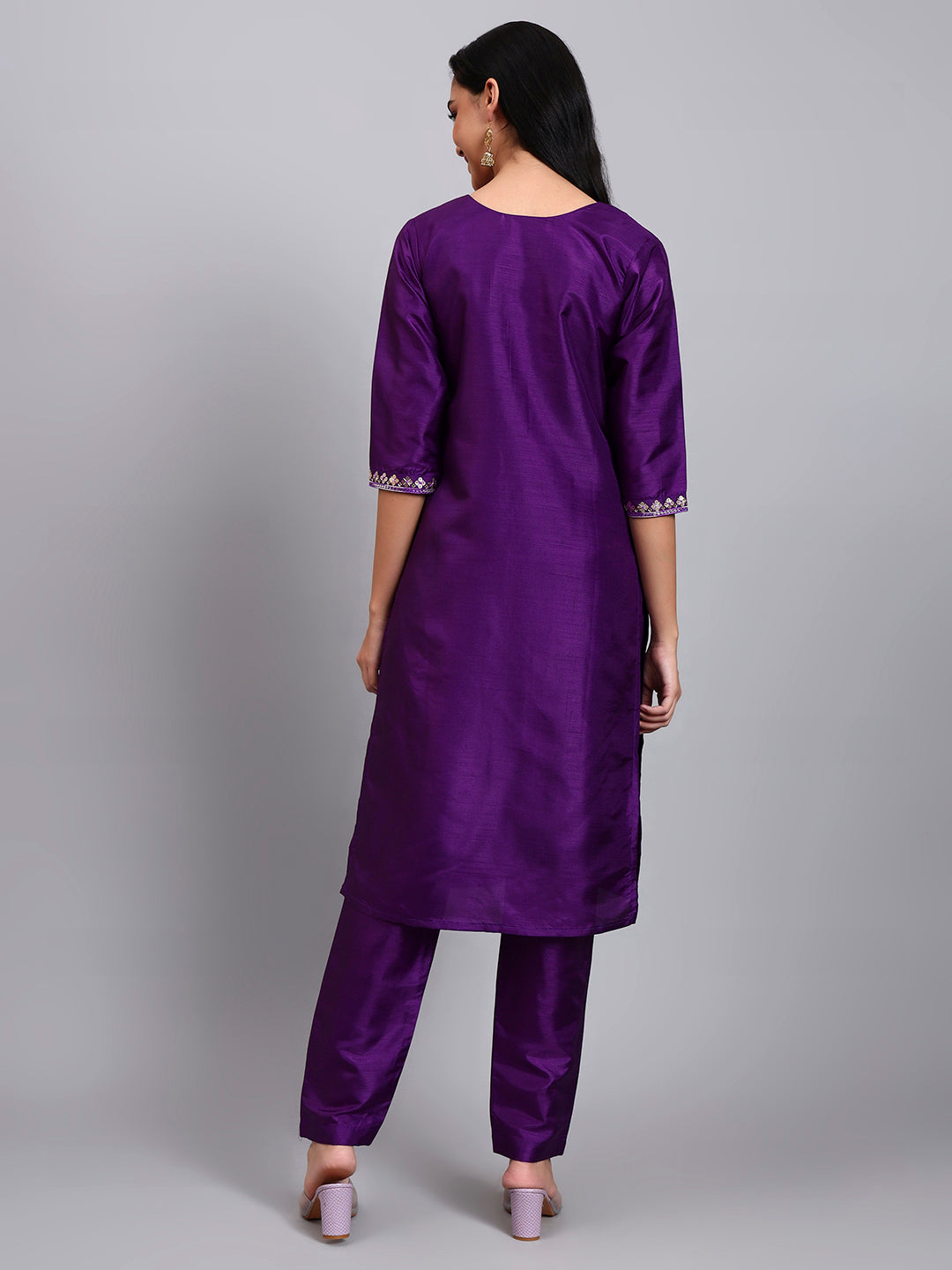 Purple Silk Embroidered Straight Kurta set