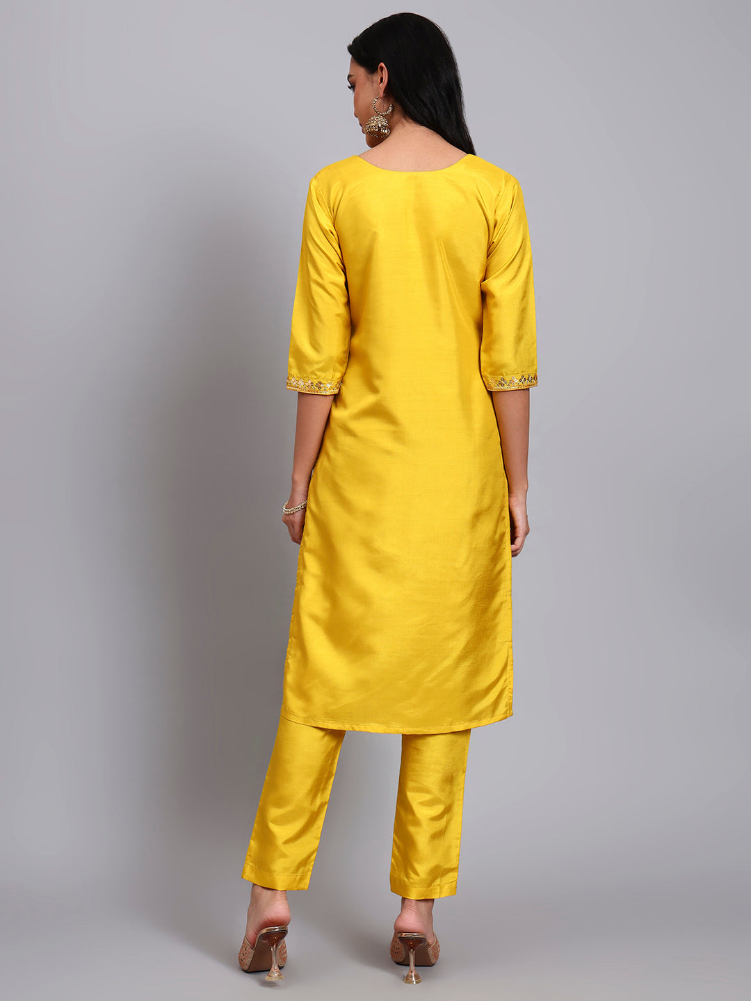 Yellow Silk Embroidered Straight Kurta set