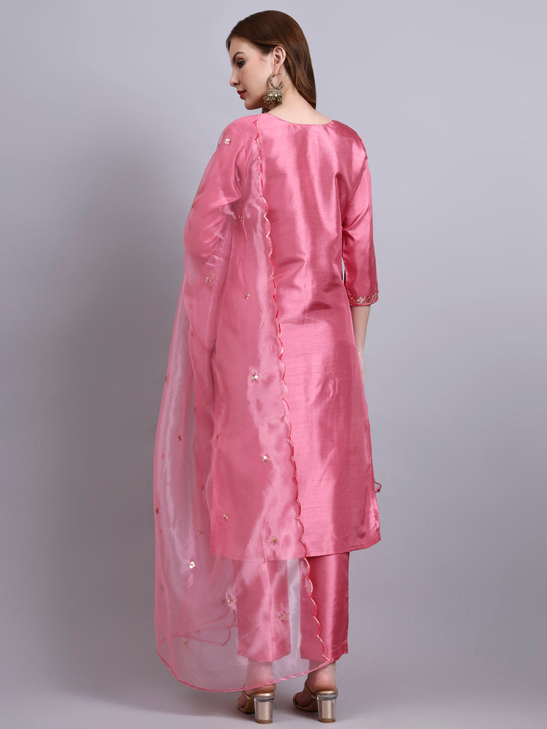 Pink Embroidered Silk Kurti Set with Organza Dupatta