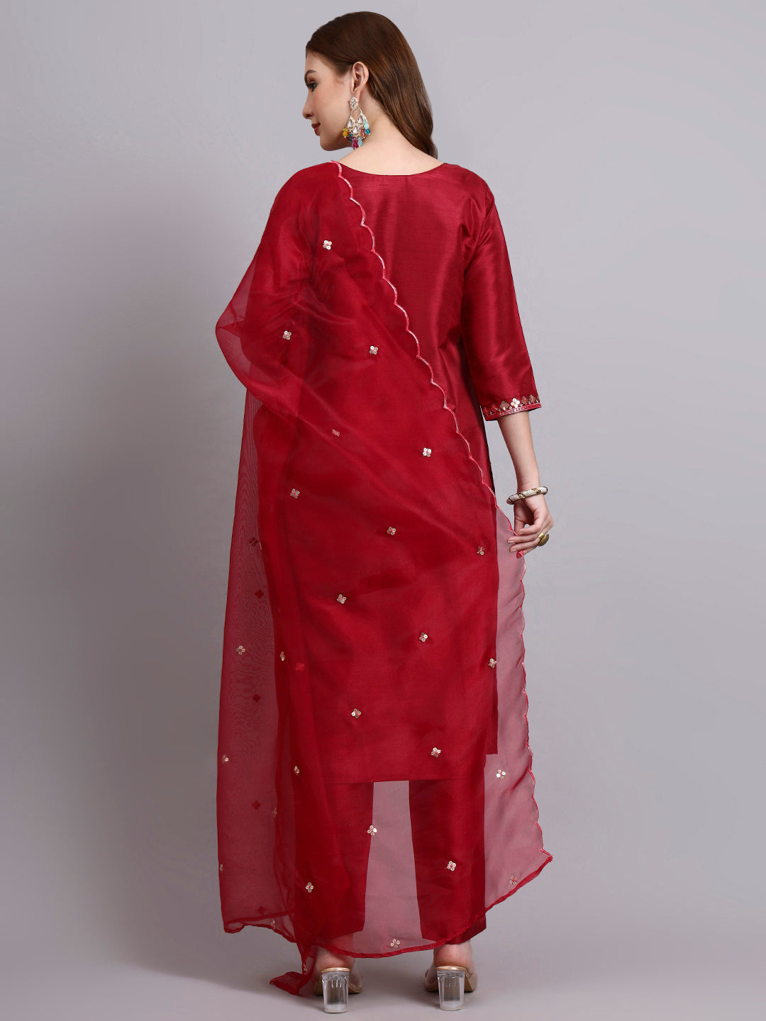 Maroon Embroidered Silk Kurti Set with Organza Dupatta