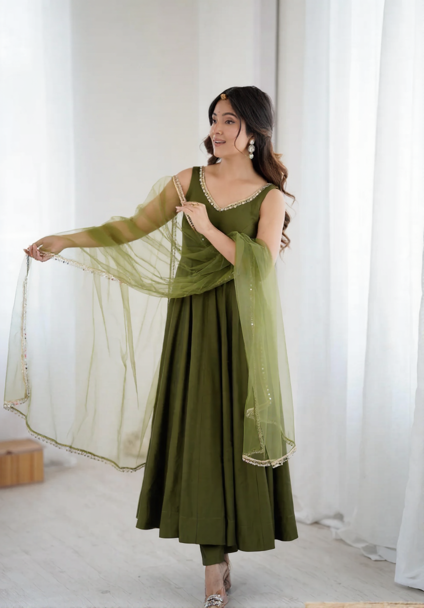 Mehndi Anarkali Set with Sheer Dupatta