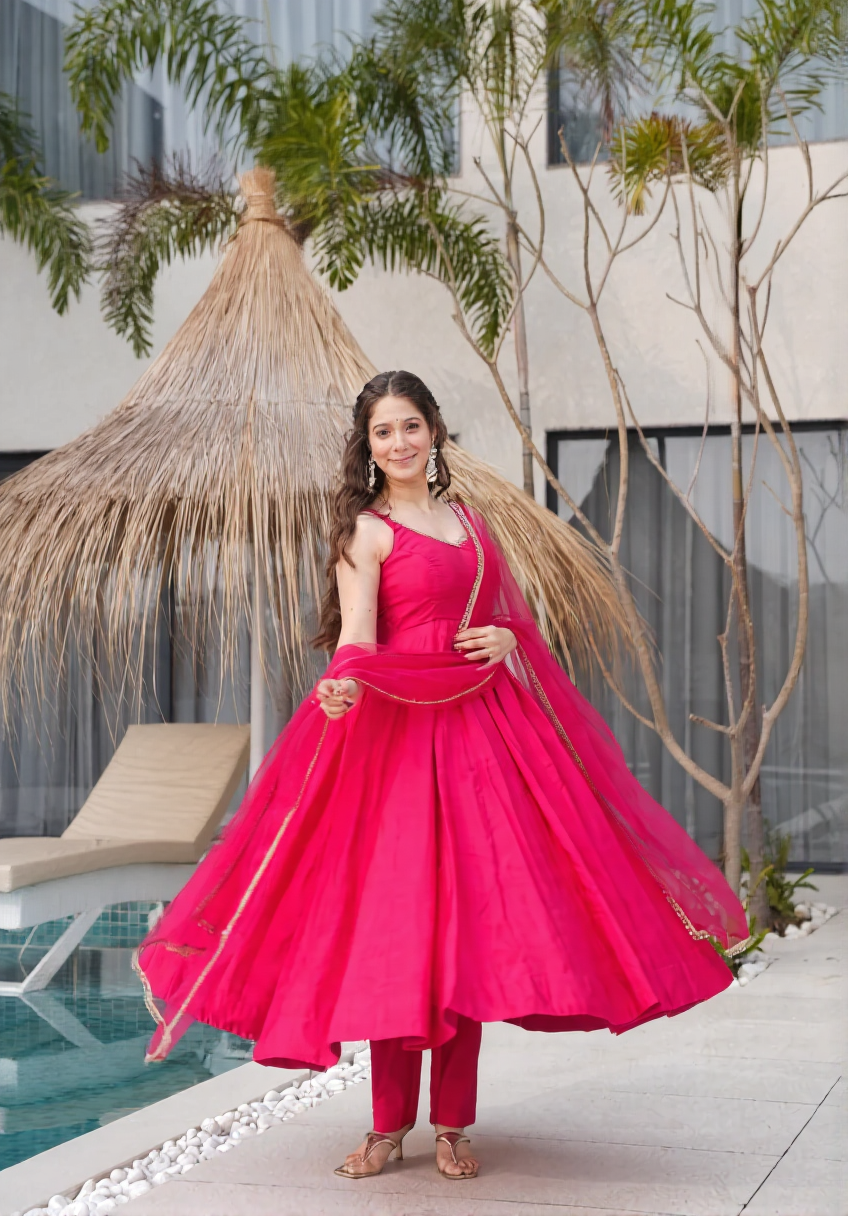 Rani Anarkali Set with Sheer Dupatta