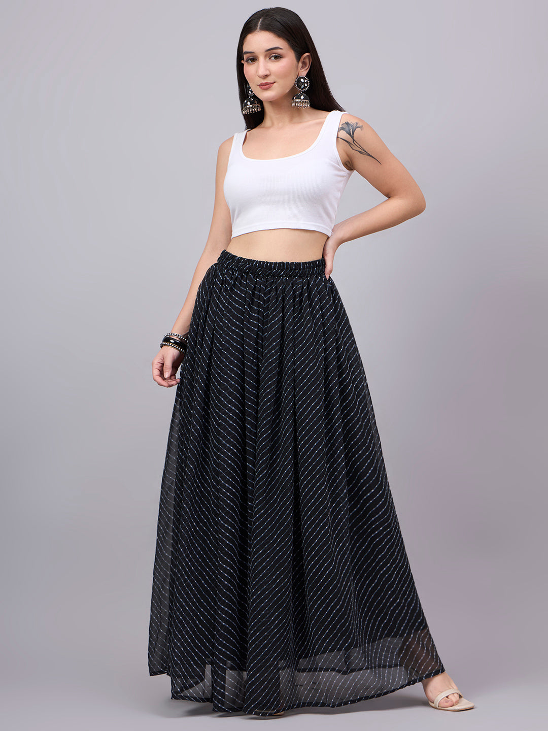 Women's Black Striped Flowy Lehenga Skirt