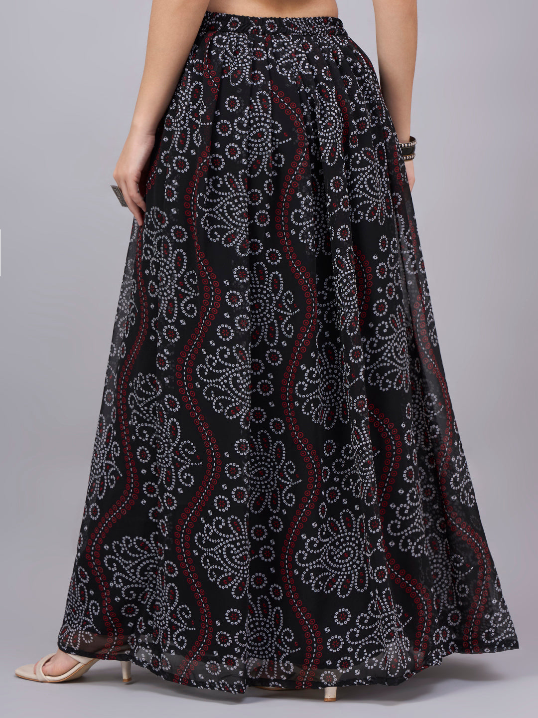 Black Bandhani Printed Flared Maxi Skirt