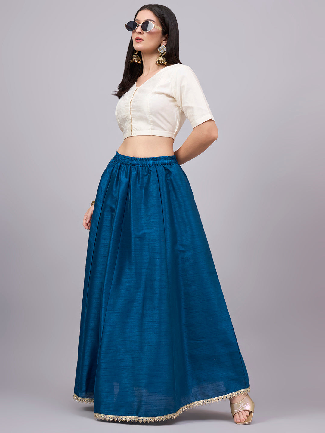 Petrol-Blue Embroidered Border Flowy Skirt