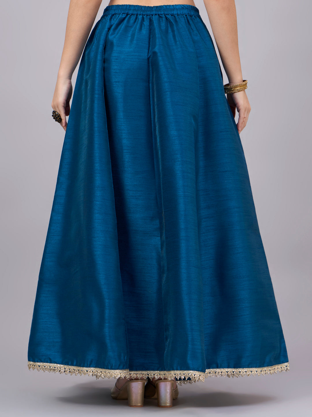 Petrol-Blue Embroidered Border Flowy Skirt