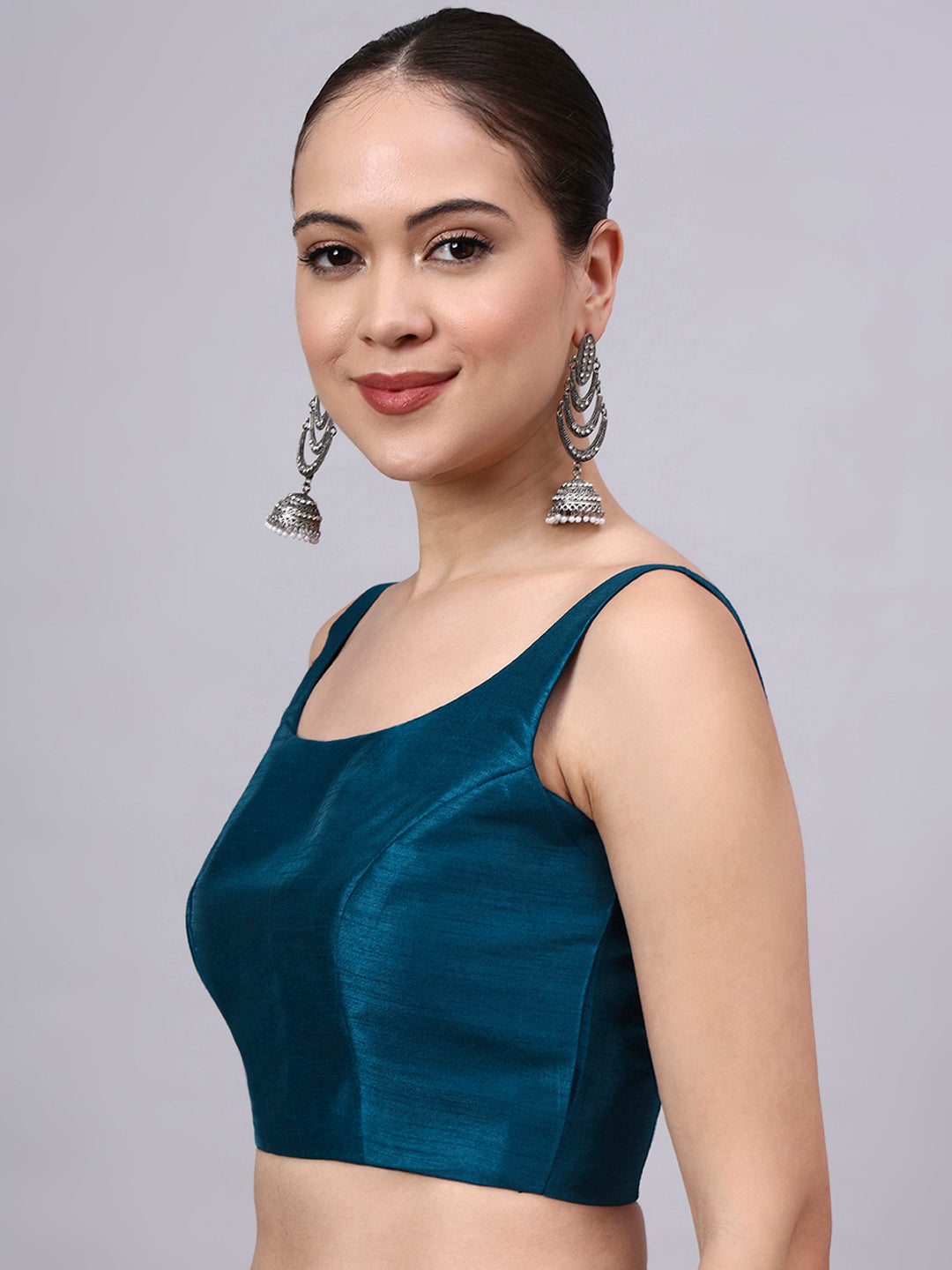 Petrol Blue Princess Cut Dupion Silk Blouse for Women