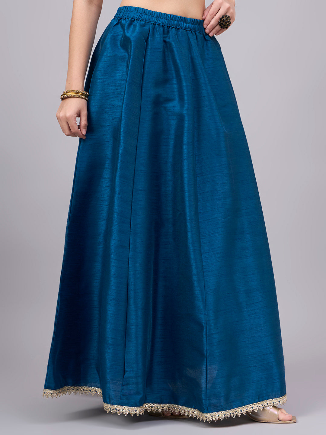 Petrol-Blue Embroidered Border Flowy Skirt