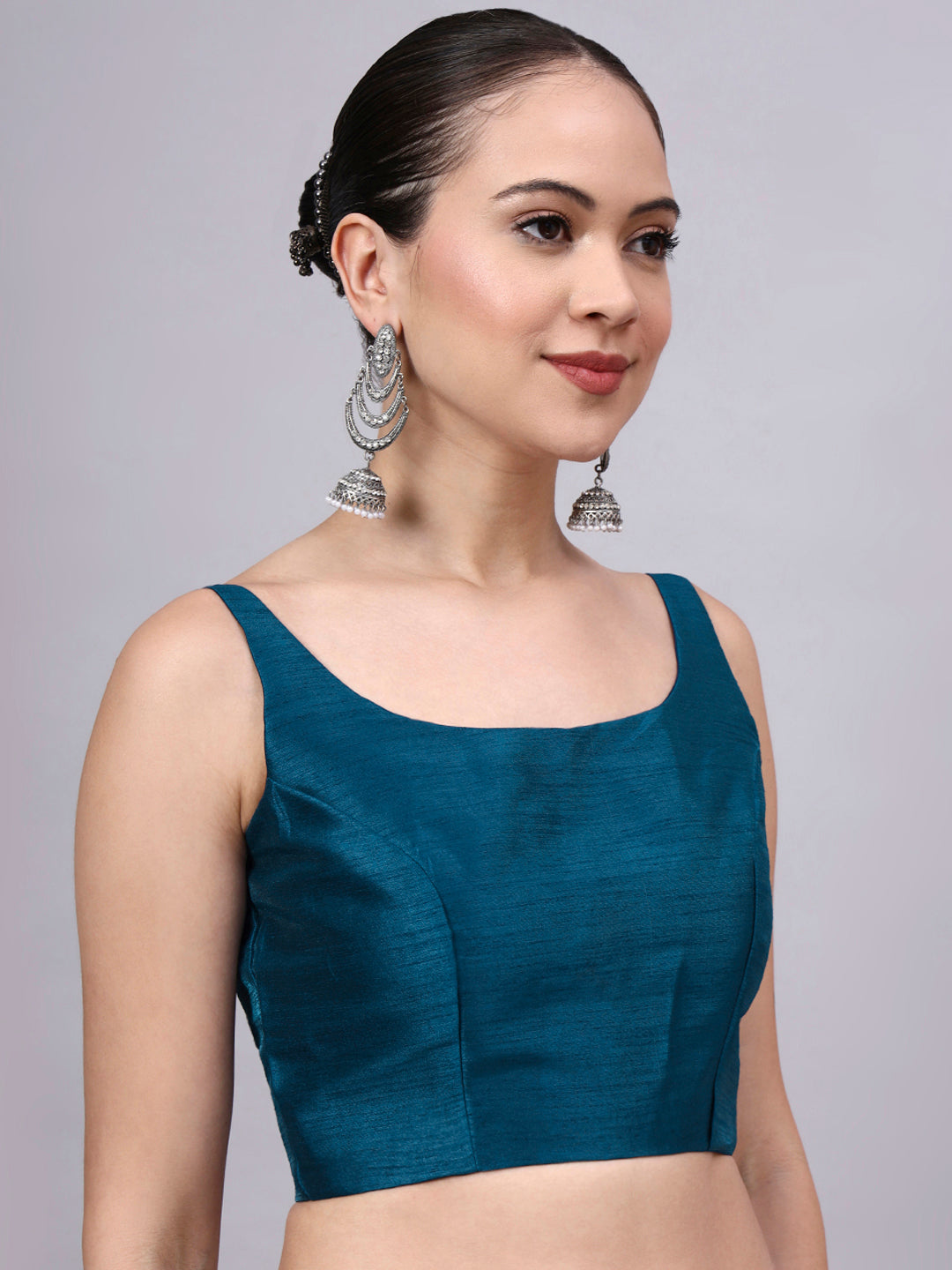 Petrol Blue Princess Cut Dupion Silk Blouse for Women