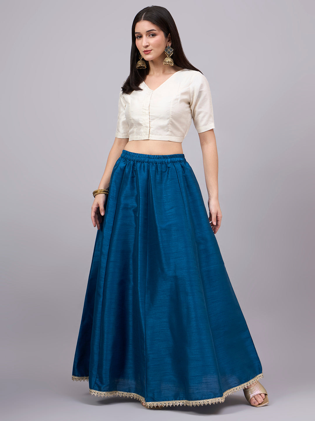Petrol-Blue Embroidered Border Flowy Skirt