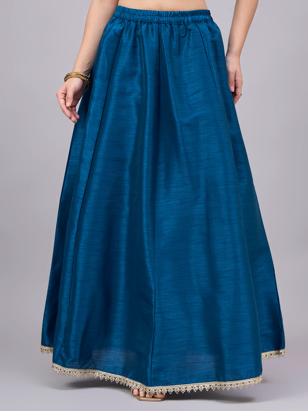 Petrol-Blue Embroidered Border Flowy Skirt