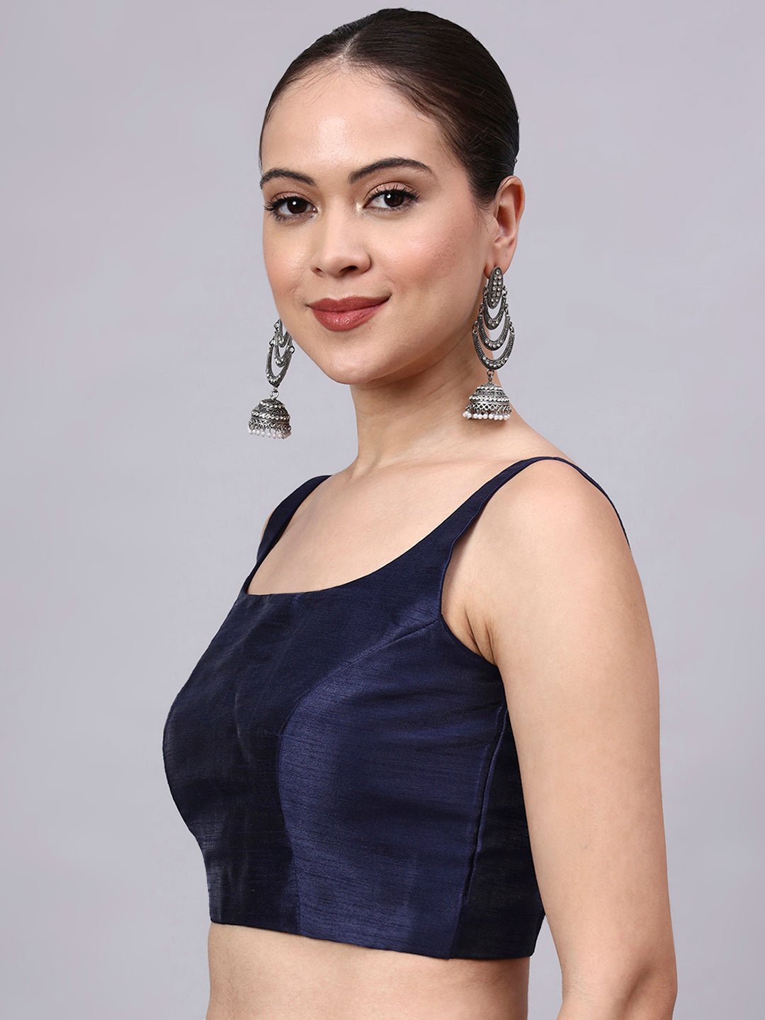 Navy Blue Princess Cut Dupion Silk Blouse for Women