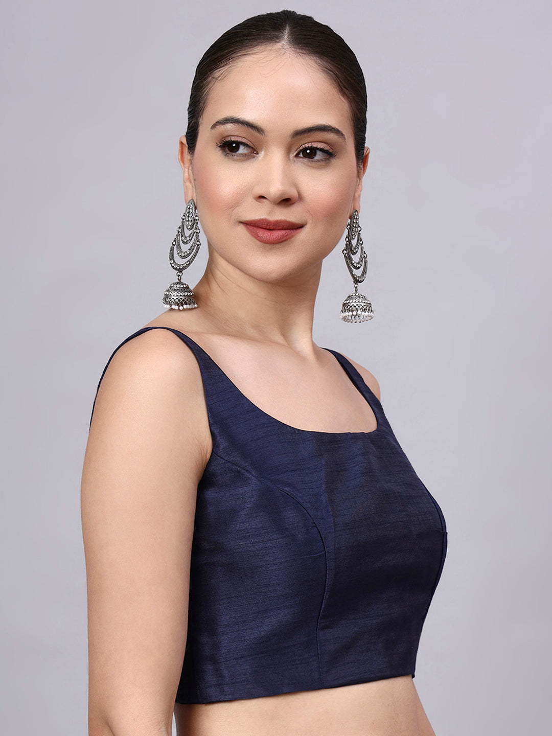 Navy Blue Princess Cut Dupion Silk Blouse for Women