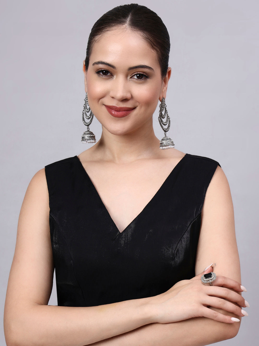 Black V-Neck Premium Satin Cotton Glass Silk Blouse for Women