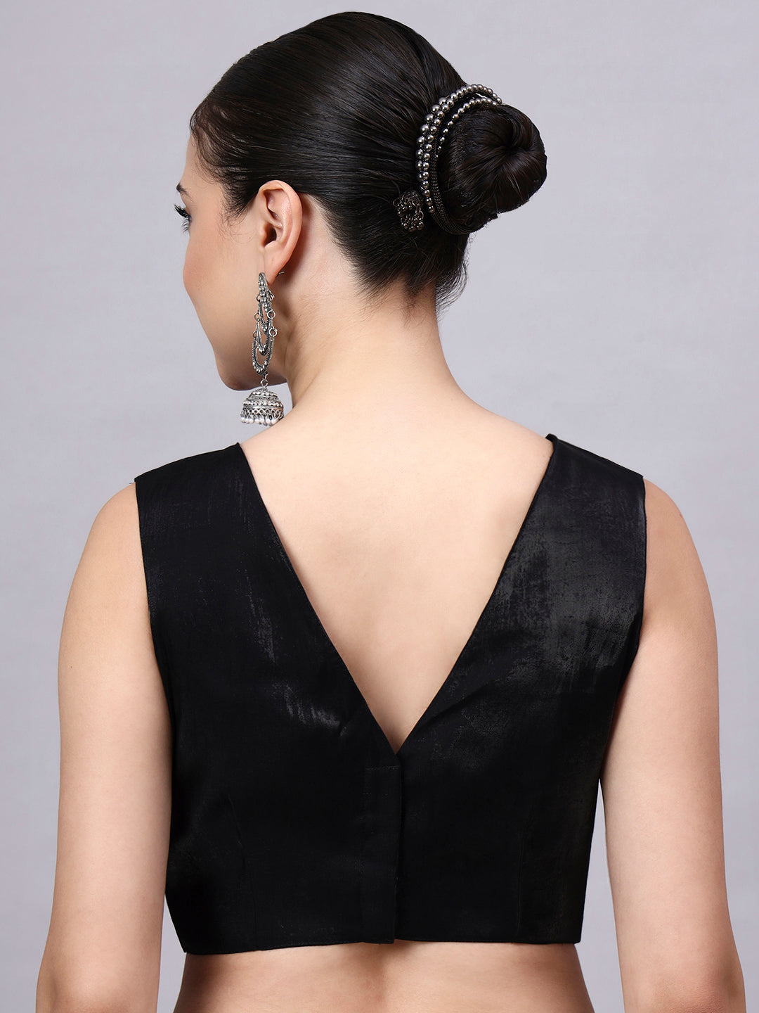 Black V-Neck Premium Satin Cotton Glass Silk Blouse for Women