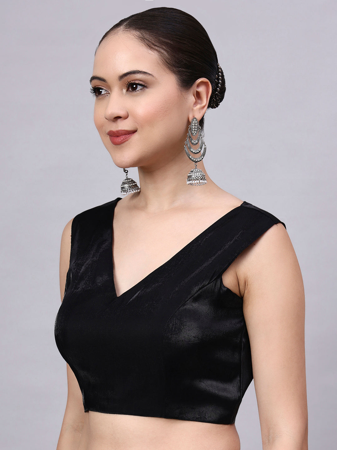 Black V-Neck Premium Satin Cotton Glass Silk Blouse for Women