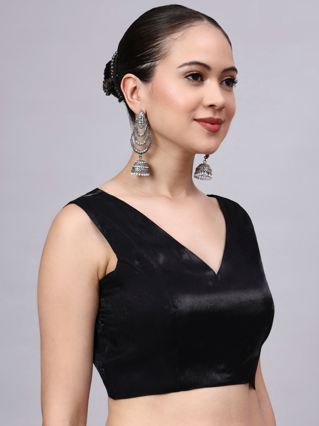 Black V-Neck Premium Satin Cotton Glass Silk Blouse for Women