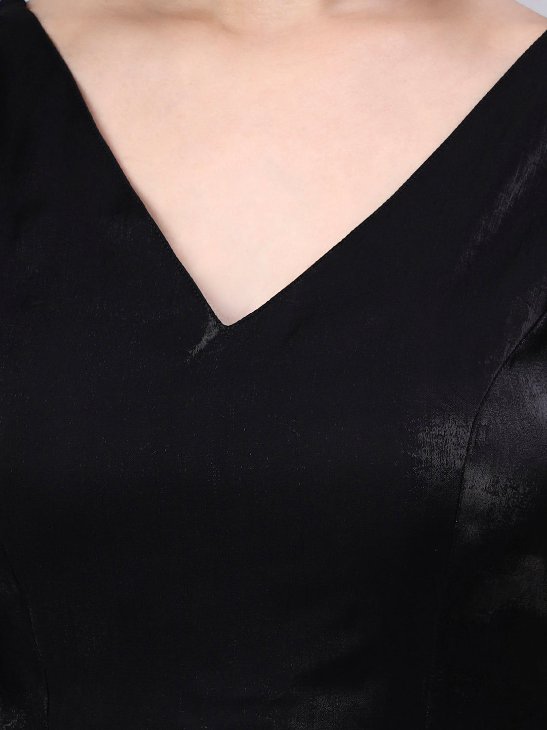 Black V-Neck Premium Satin Cotton Glass Silk Blouse for Women