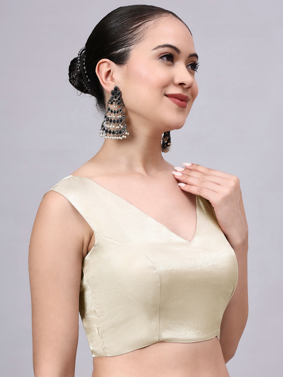 Cream Padded Satin Cotton Glass Silk Blouse for Women