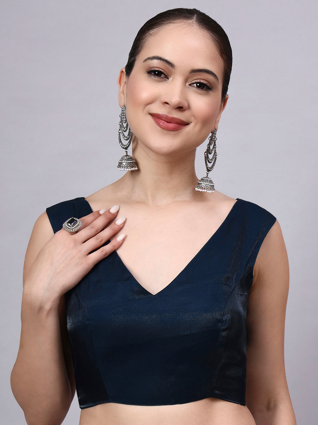 Navy Blue Padded Satin Cotton Glass Silk Blouse for Women