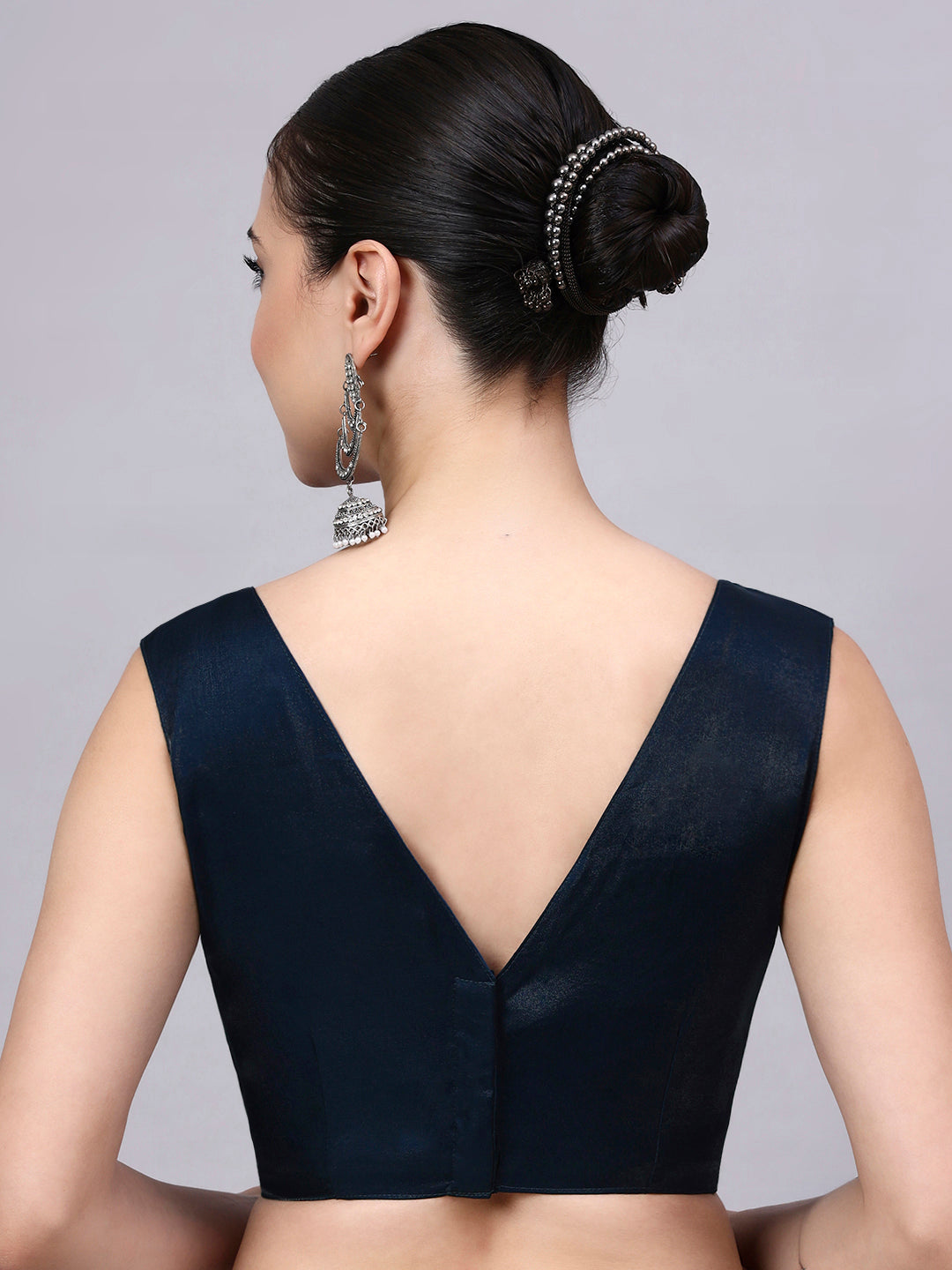 Navy Blue Padded Satin Cotton Glass Silk Blouse for Women