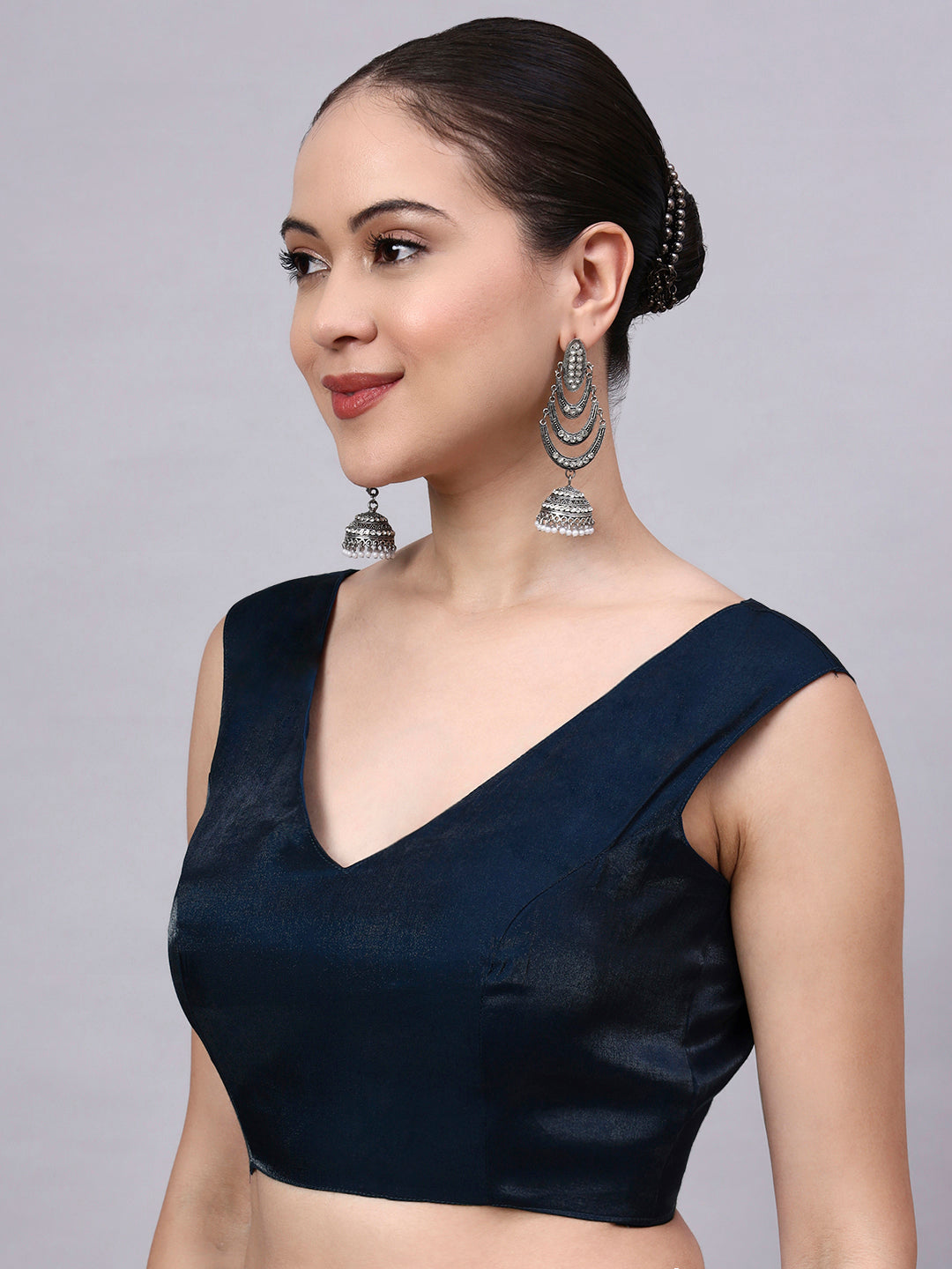Navy Blue Padded Satin Cotton Glass Silk Blouse for Women