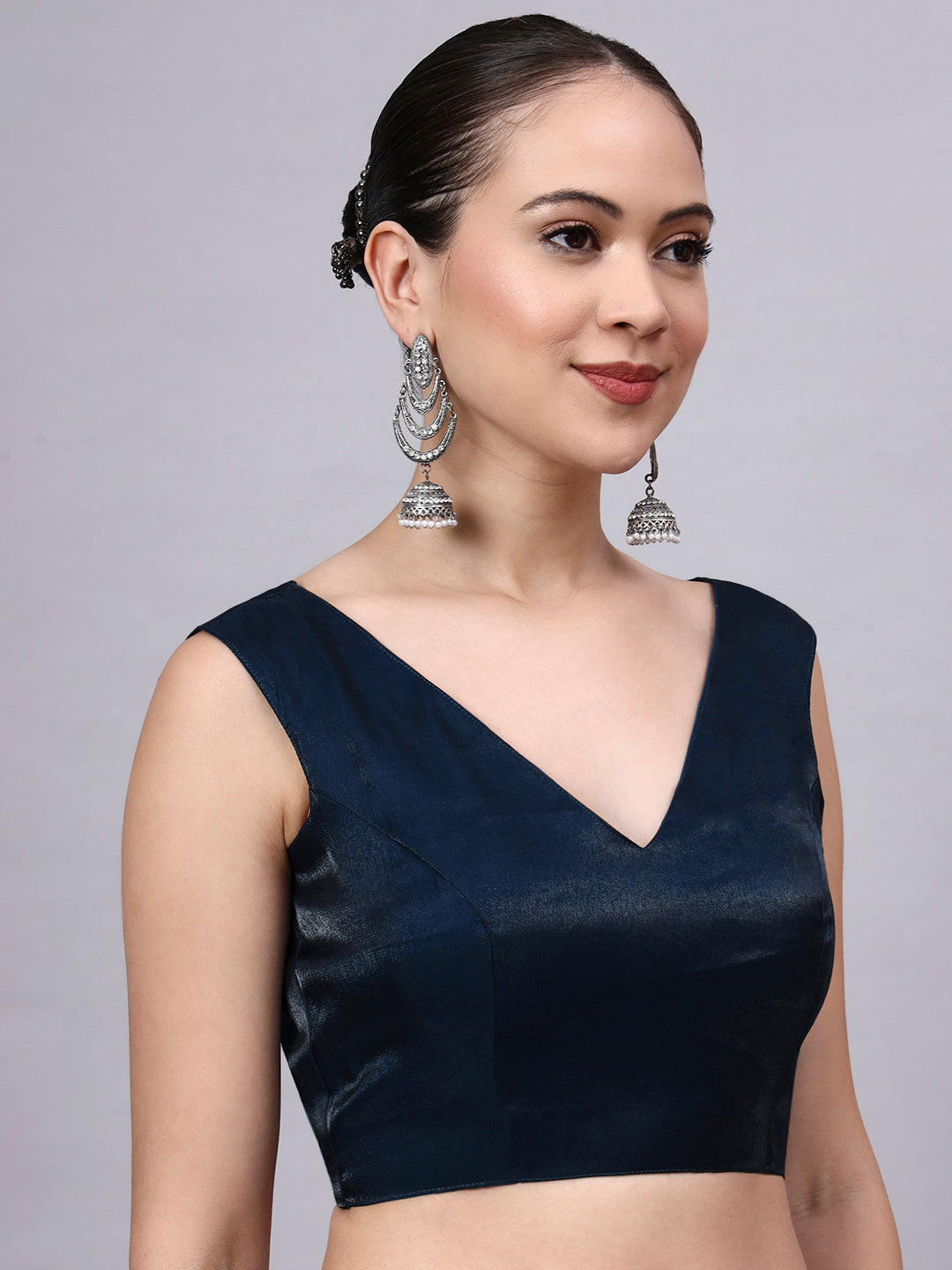 Navy Blue Padded Satin Cotton Glass Silk Blouse for Women