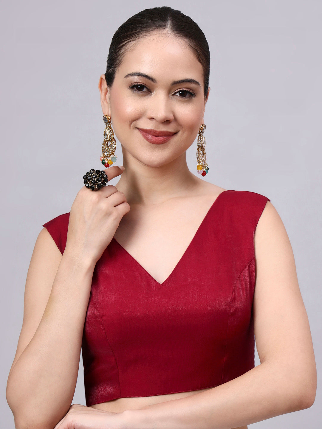 Red Padded Satin Cotton Glass Silk Blouse for Women