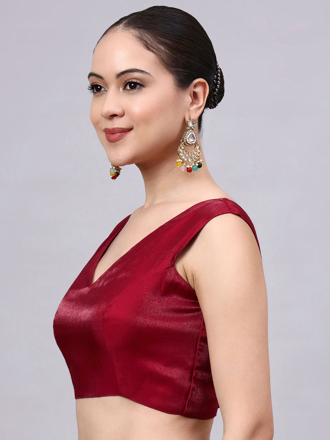 Red Padded Satin Cotton Glass Silk Blouse for Women