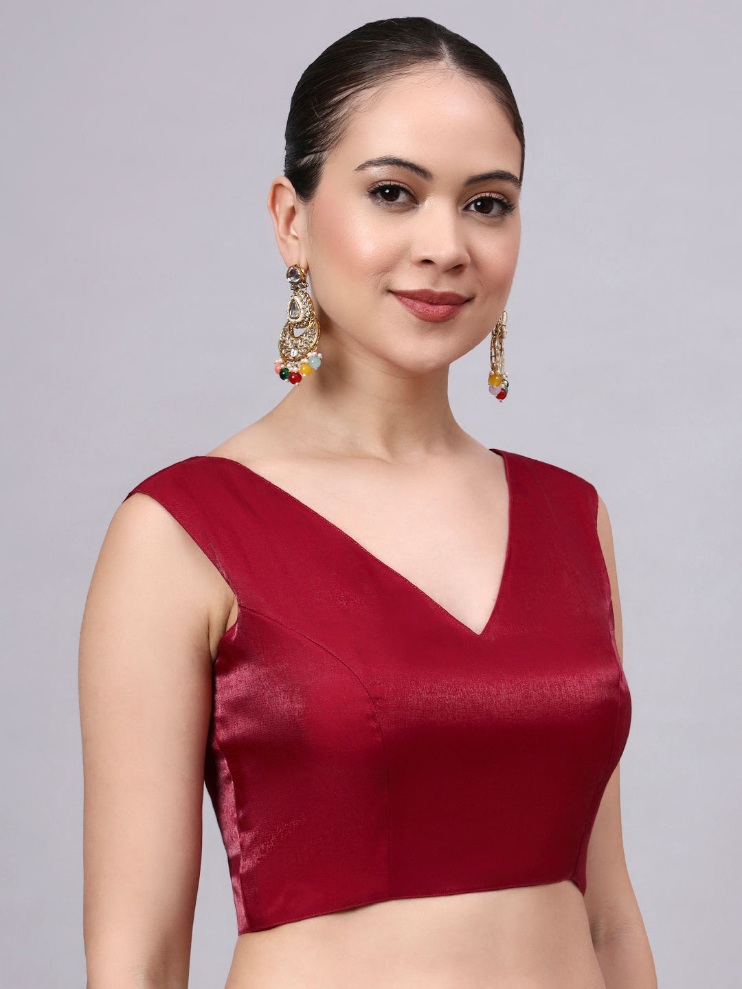 Red Padded Satin Cotton Glass Silk Blouse for Women