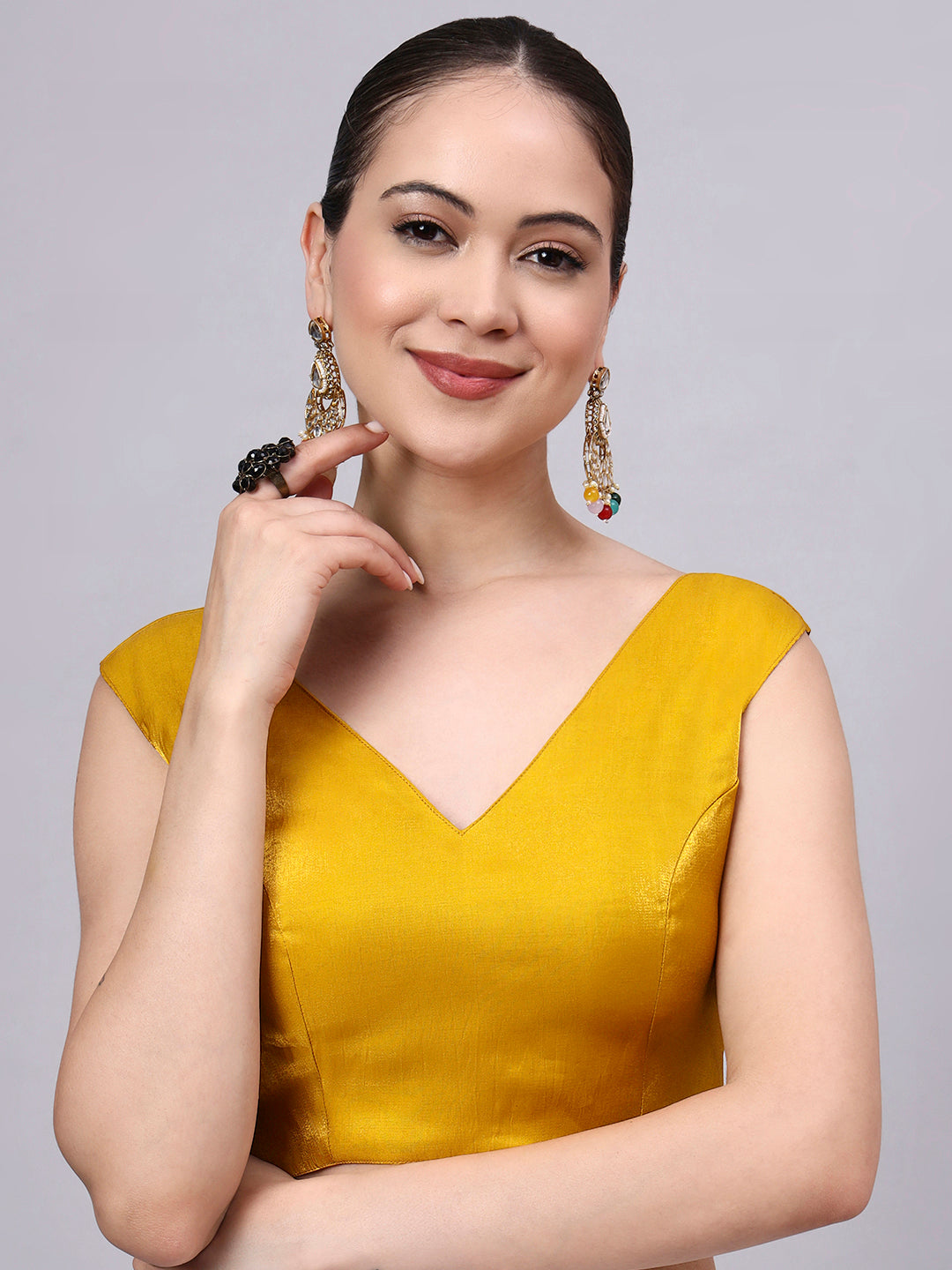 Yellow Padded Satin Cotton Glass Silk Blouse for Women