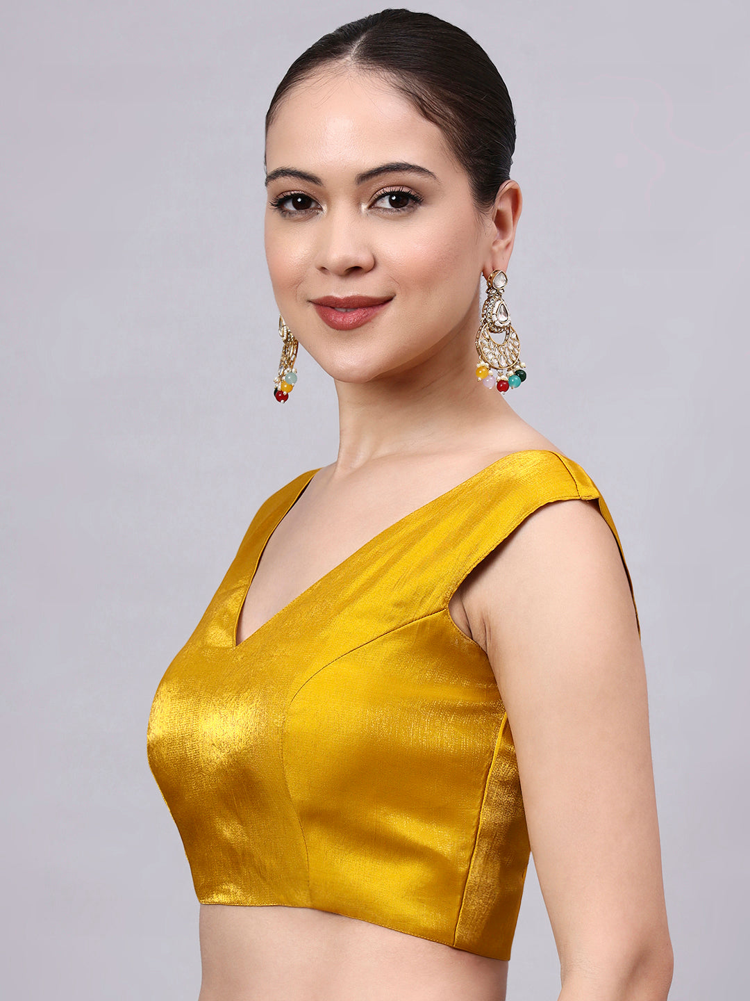 Yellow Padded Satin Cotton Glass Silk Blouse for Women