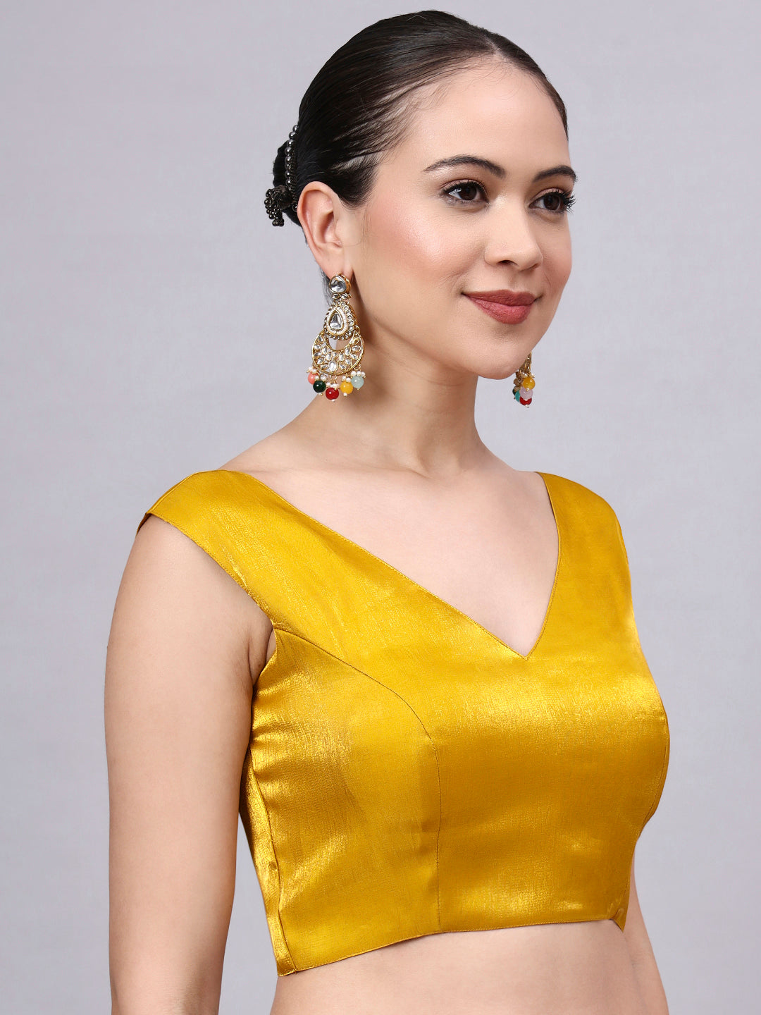 Yellow Padded Satin Cotton Glass Silk Blouse for Women