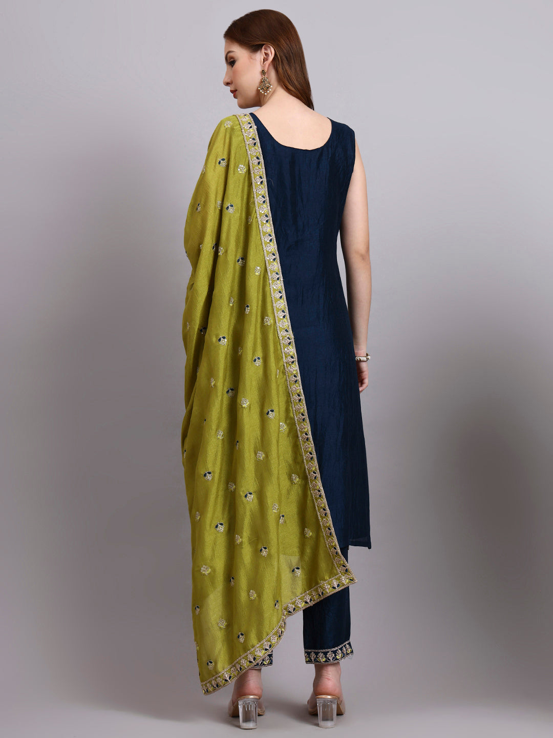 Navy Blue Embroidered Kurta Set with Lime Green Dupatta