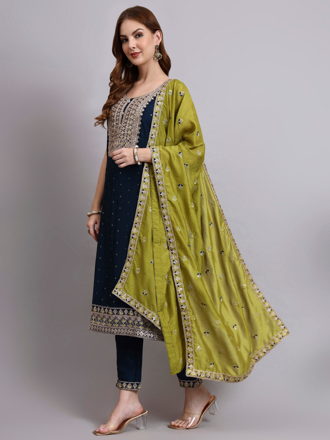 Navy Blue Embroidered Kurta Set with Lime Green Dupatta