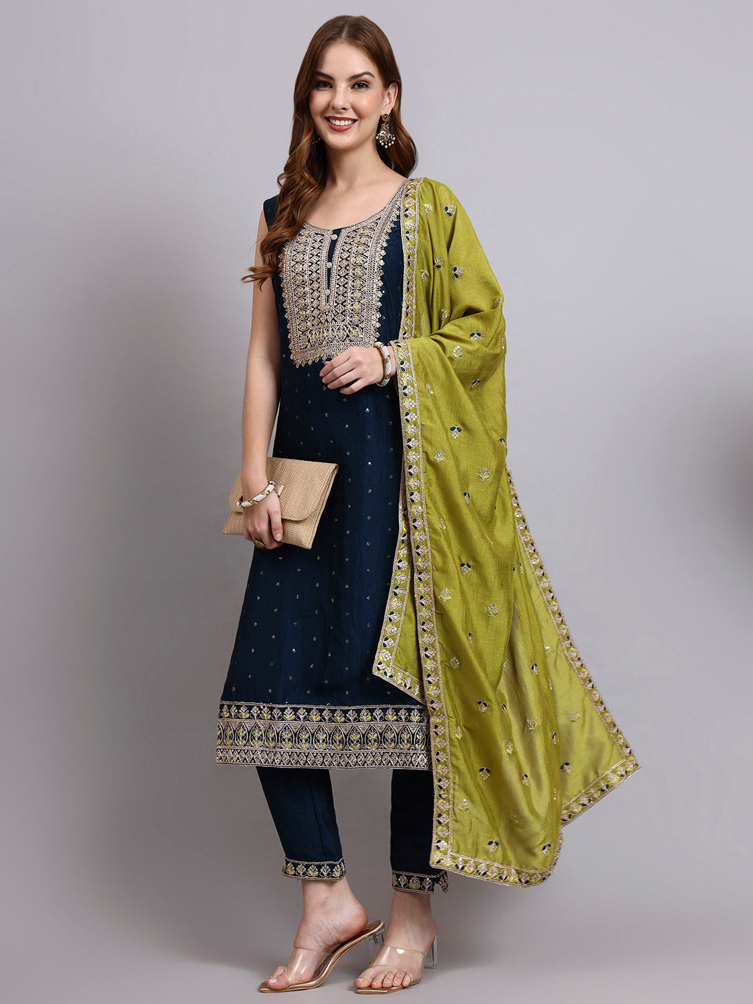 Navy Blue Embroidered Kurta Set with Lime Green Dupatta