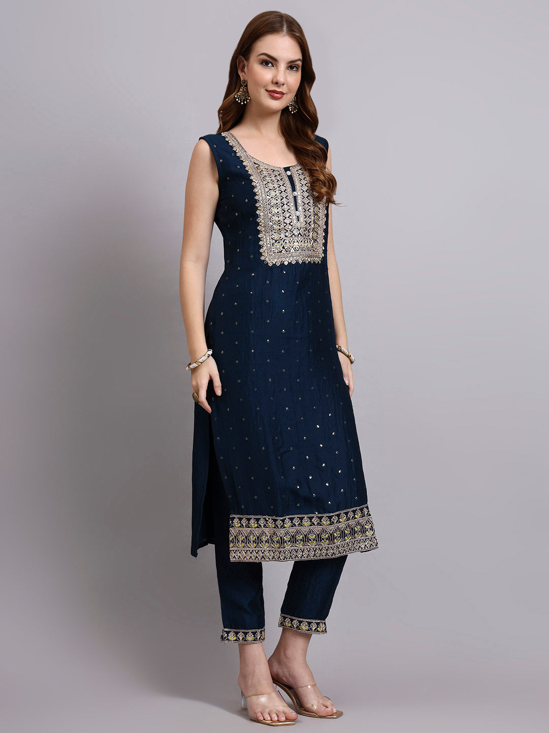 Navy Blue Embroidered Kurta Set with Lime Green Dupatta