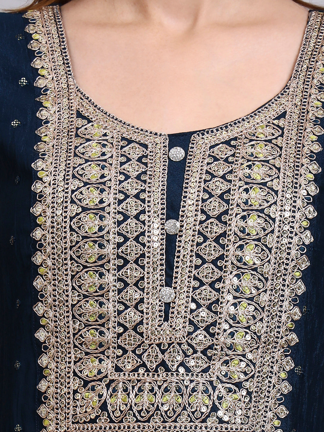 Navy Blue Embroidered Kurta Set with Lime Green Dupatta